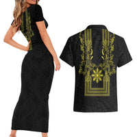 Philippines Barong Style Couples Matching Short Sleeve Bodycon Dress and Hawaiian Shirt with Polynesian Art and Leaf Motif Black-Gold Color LT03 - Polynesian Pride
