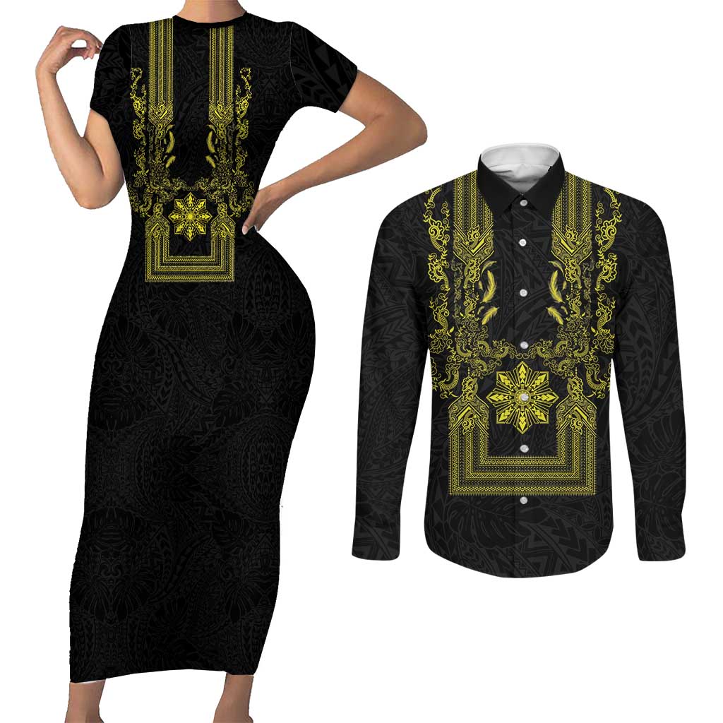 Philippines Barong Style Couples Matching Short Sleeve Bodycon Dress and Long Sleeve Button Shirt with Polynesian Art and Leaf Motif Black-Gold Color LT03 Black - Polynesian Pride