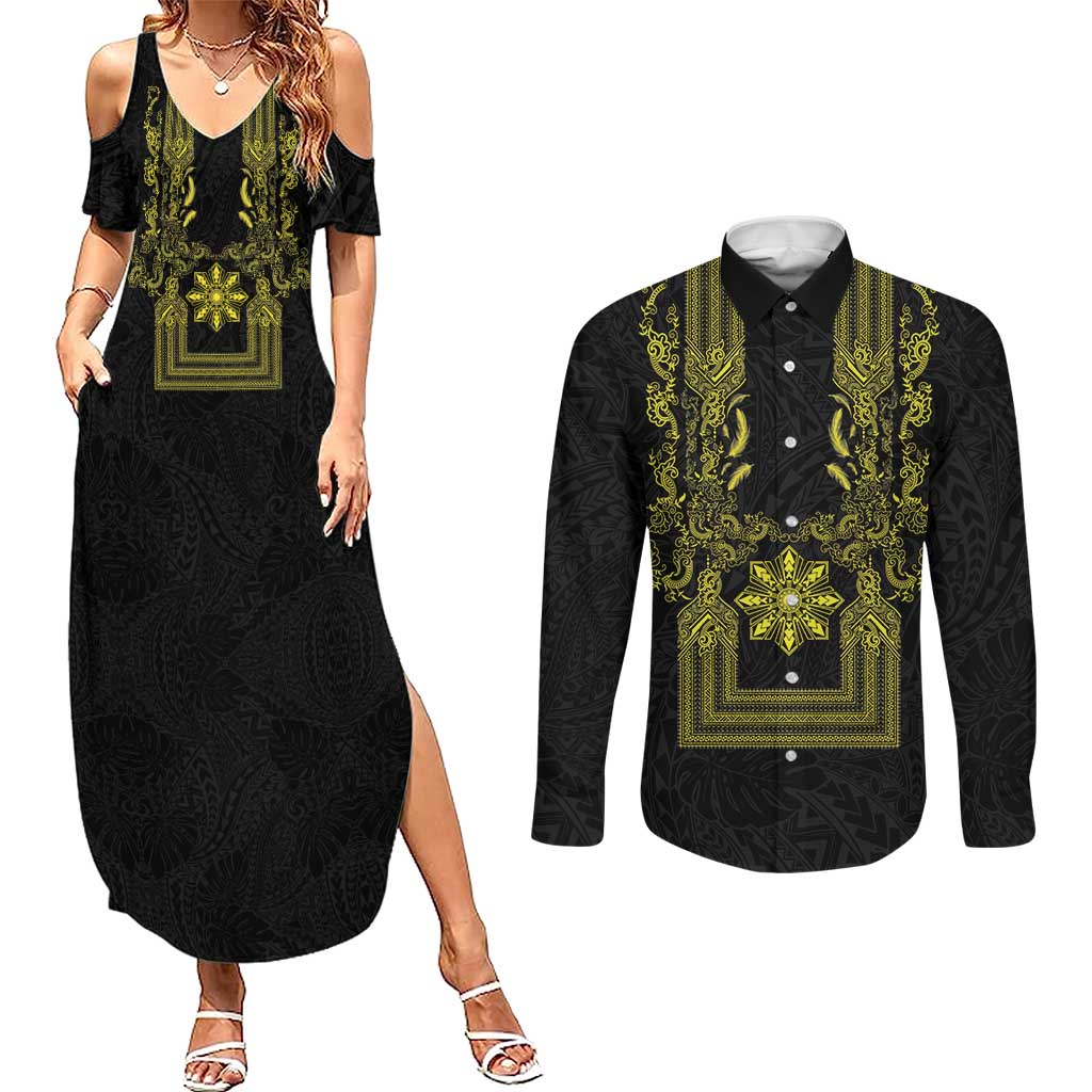 Philippines Barong Style Couples Matching Summer Maxi Dress and Long Sleeve Button Shirt with Polynesian Art and Leaf Motif Black-Gold Color LT03 Black - Polynesian Pride