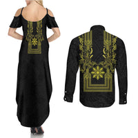 Philippines Barong Style Couples Matching Summer Maxi Dress and Long Sleeve Button Shirt with Polynesian Art and Leaf Motif Black-Gold Color LT03 - Polynesian Pride