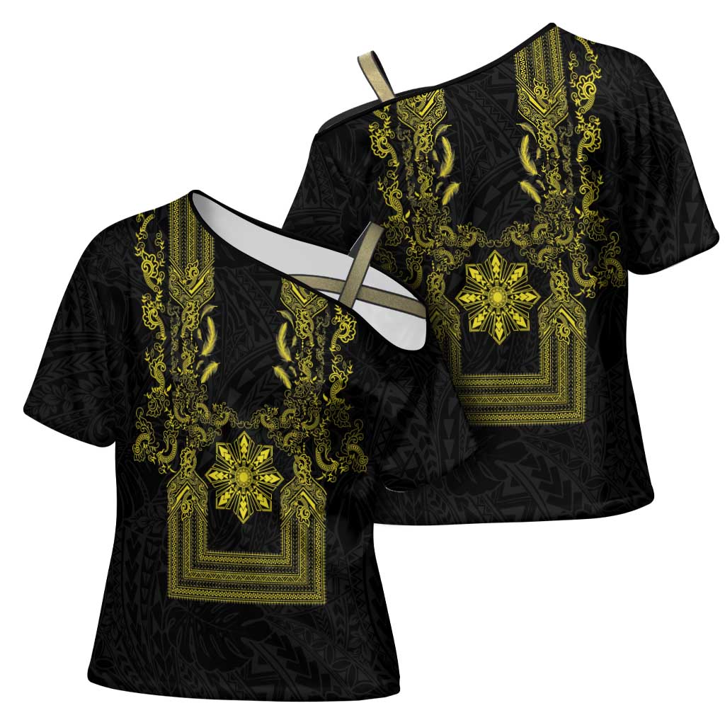 Philippines Barong Style Cross Shoulder Shirt with Polynesian Art and Leaf Motif Black-Gold Color