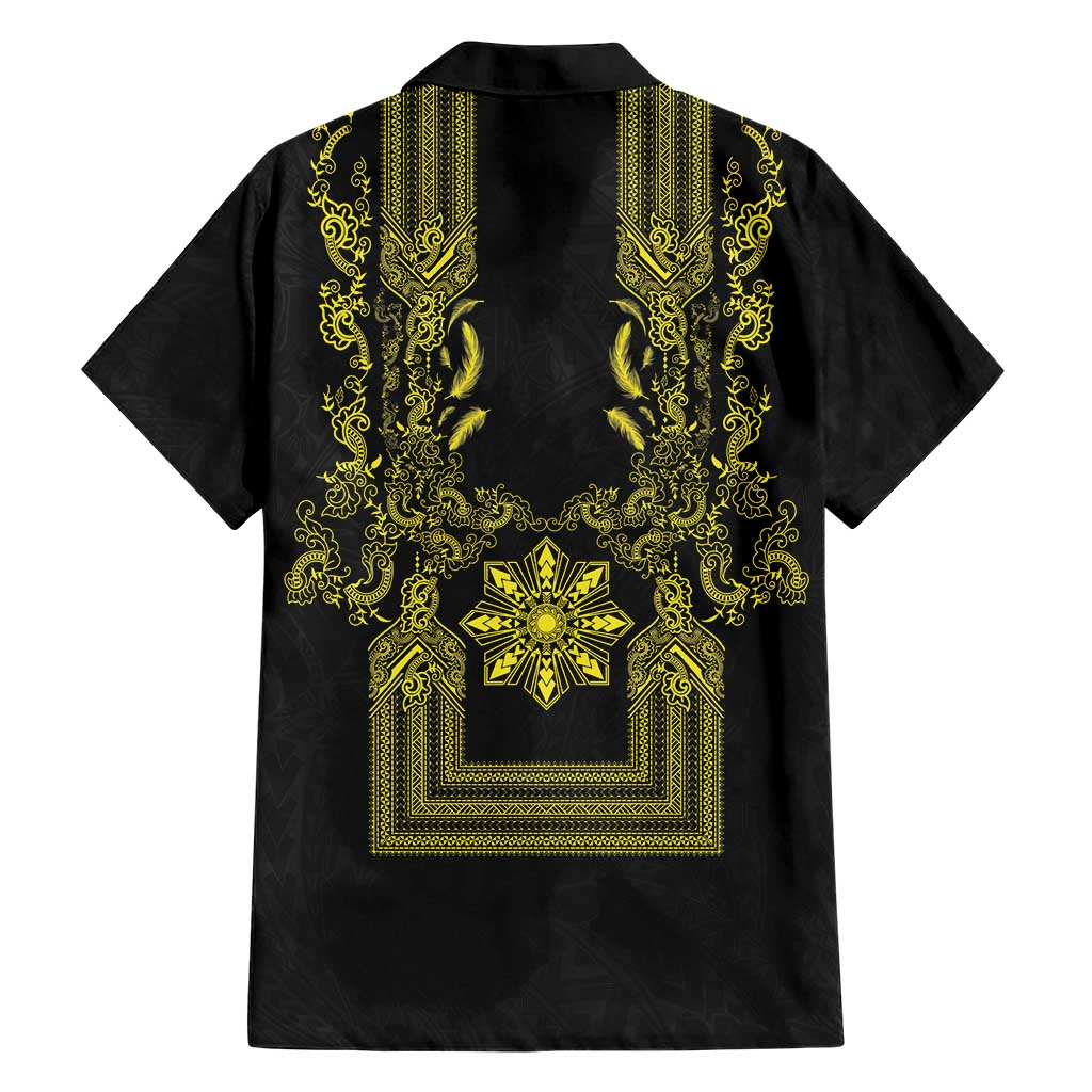 Philippines Barong Style Family Matching Mermaid Dress and Hawaiian Shirt with Polynesian Art and Leaf Motif Black-Gold Color LT03 - Polynesian Pride