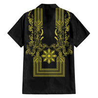 Philippines Barong Style Family Matching Off The Shoulder Long Sleeve Dress and Hawaiian Shirt with Polynesian Art and Leaf Motif Black-Gold Color LT03 - Polynesian Pride