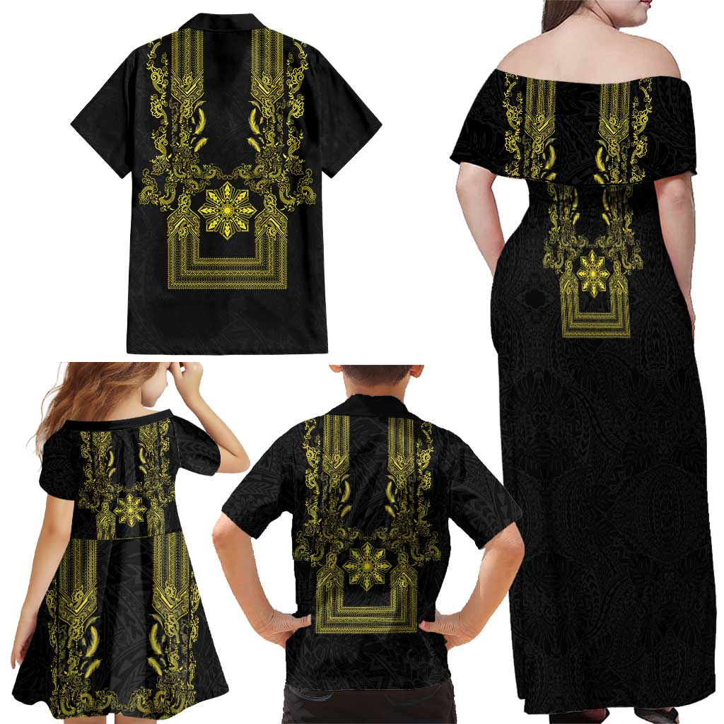 Philippines Barong Style Family Matching Off Shoulder Maxi Dress and Hawaiian Shirt with Polynesian Art and Leaf Motif Black-Gold Color LT03 - Polynesian Pride
