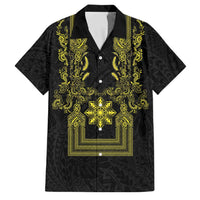 Philippines Barong Style Family Matching Off Shoulder Maxi Dress and Hawaiian Shirt with Polynesian Art and Leaf Motif Black-Gold Color LT03 Dad's Shirt - Short Sleeve Black - Polynesian Pride