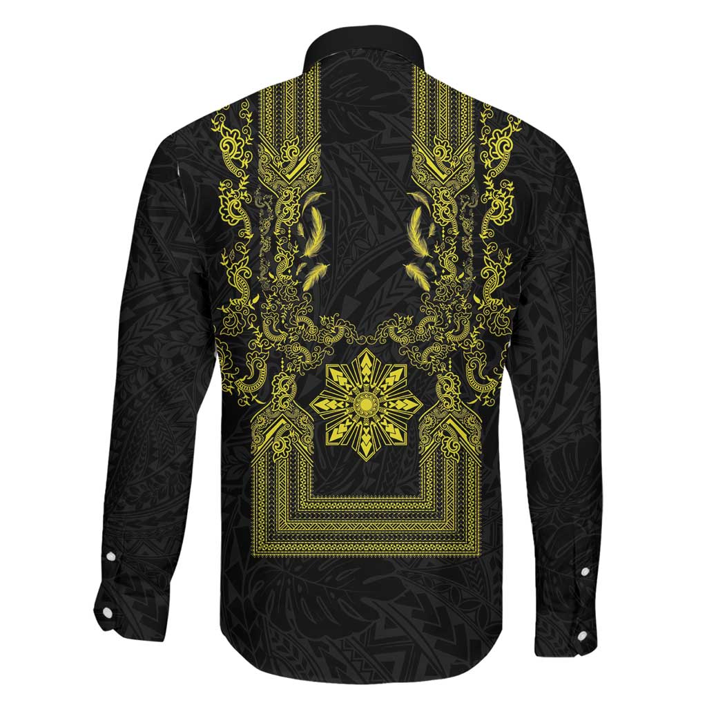 Philippines Barong Style Family Matching Off Shoulder Maxi Dress and Hawaiian Shirt with Polynesian Art and Leaf Motif Black-Gold Color LT03 - Polynesian Pride