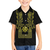 Philippines Barong Style Family Matching Off Shoulder Maxi Dress and Hawaiian Shirt with Polynesian Art and Leaf Motif Black-Gold Color LT03 Son's Shirt Black - Polynesian Pride