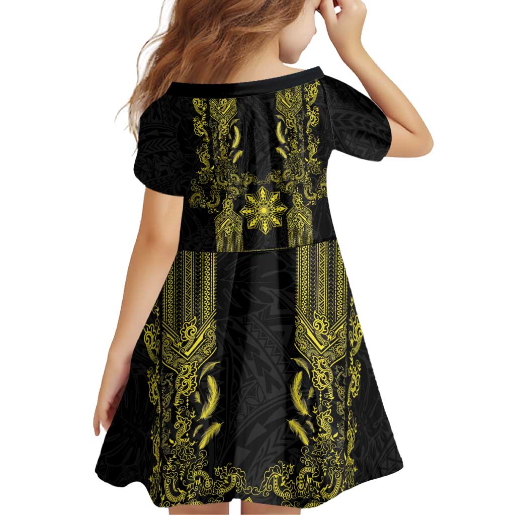 Philippines Barong Style Family Matching Off Shoulder Short Dress and Hawaiian Shirt with Polynesian Art and Leaf Motif Black-Gold Color LT03 - Polynesian Pride