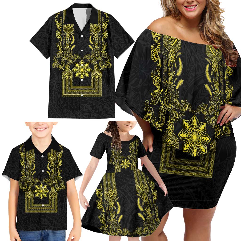 Philippines Barong Style Family Matching Off Shoulder Short Dress and Hawaiian Shirt with Polynesian Art and Leaf Motif Black-Gold Color LT03 - Polynesian Pride