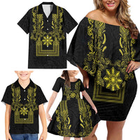 Philippines Barong Style Family Matching Off Shoulder Short Dress and Hawaiian Shirt with Polynesian Art and Leaf Motif Black-Gold Color LT03 - Polynesian Pride