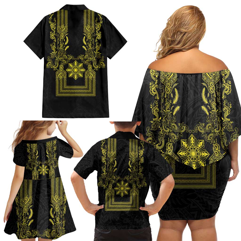 Philippines Barong Style Family Matching Off Shoulder Short Dress and Hawaiian Shirt with Polynesian Art and Leaf Motif Black-Gold Color LT03 - Polynesian Pride