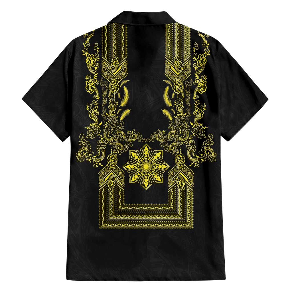 Philippines Barong Style Family Matching Off Shoulder Short Dress and Hawaiian Shirt with Polynesian Art and Leaf Motif Black-Gold Color LT03 - Polynesian Pride
