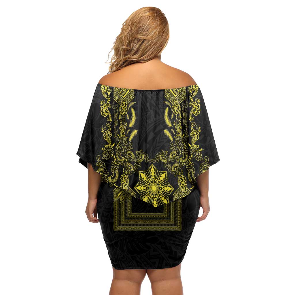 Philippines Barong Style Family Matching Off Shoulder Short Dress and Hawaiian Shirt with Polynesian Art and Leaf Motif Black-Gold Color LT03 - Polynesian Pride
