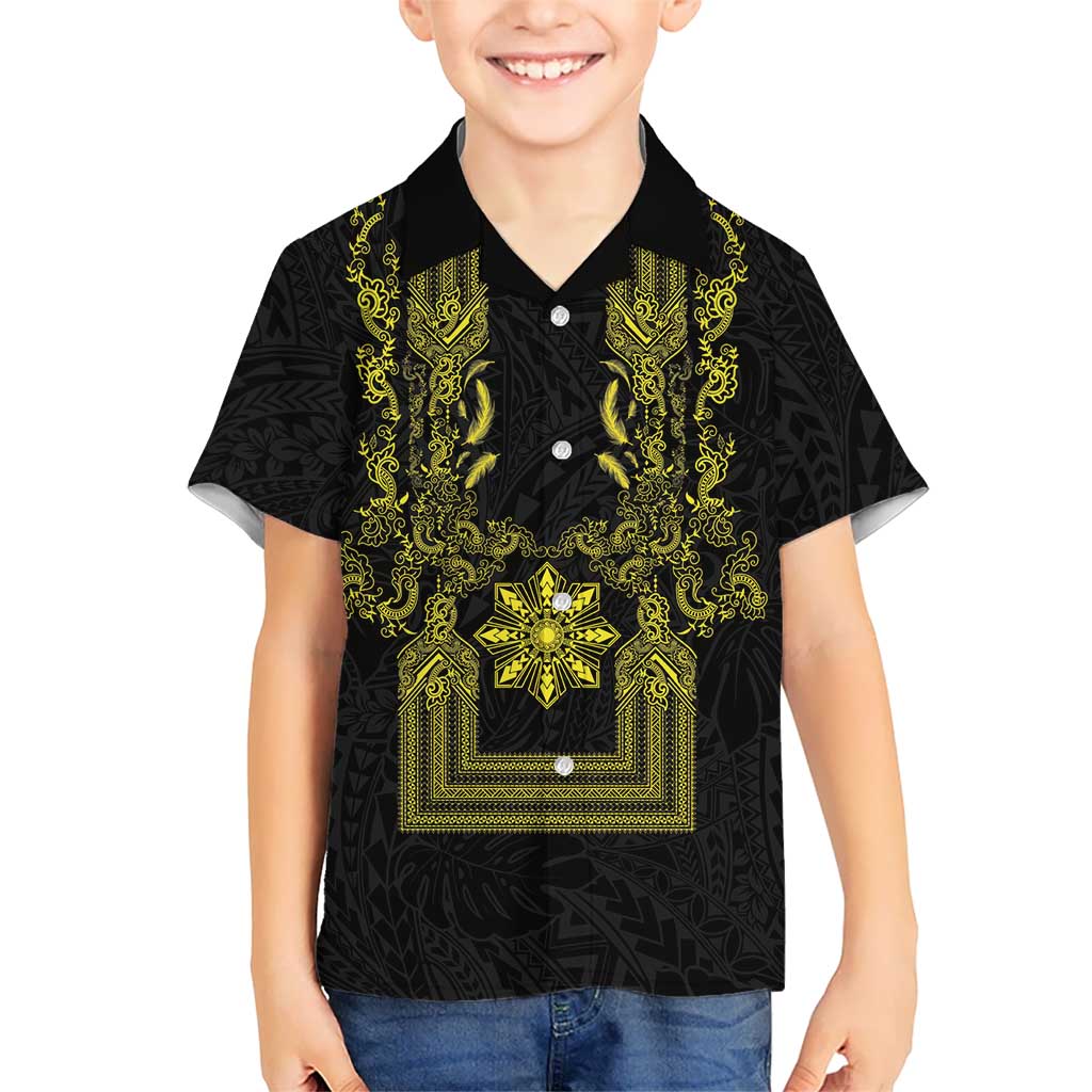 Philippines Barong Style Family Matching Off Shoulder Short Dress and Hawaiian Shirt with Polynesian Art and Leaf Motif Black-Gold Color LT03 Son's Shirt Black - Polynesian Pride