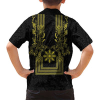 Philippines Barong Style Family Matching Puletasi and Hawaiian Shirt with Polynesian Art and Leaf Motif Black-Gold Color LT03 - Polynesian Pride