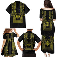 Philippines Barong Style Family Matching Puletasi and Hawaiian Shirt with Polynesian Art and Leaf Motif Black-Gold Color LT03 - Polynesian Pride