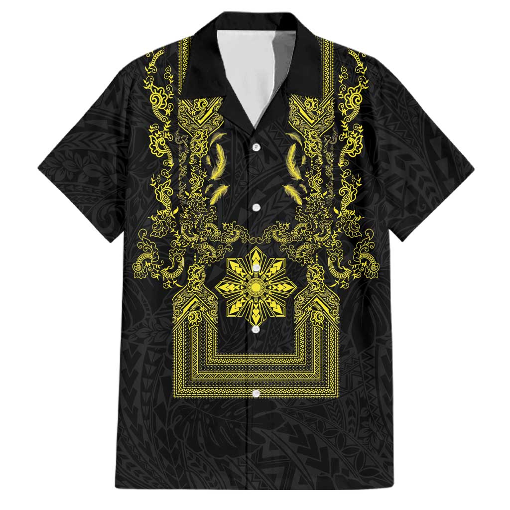 Philippines Barong Style Family Matching Puletasi and Hawaiian Shirt with Polynesian Art and Leaf Motif Black-Gold Color LT03 Dad's Shirt - Short Sleeve Black - Polynesian Pride