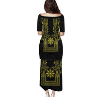 Philippines Barong Style Family Matching Puletasi and Hawaiian Shirt with Polynesian Art and Leaf Motif Black-Gold Color LT03 - Polynesian Pride