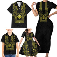 Philippines Barong Style Family Matching Short Sleeve Bodycon Dress and Hawaiian Shirt with Polynesian Art and Leaf Motif Black-Gold Color LT03 - Polynesian Pride