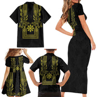 Philippines Barong Style Family Matching Short Sleeve Bodycon Dress and Hawaiian Shirt with Polynesian Art and Leaf Motif Black-Gold Color LT03 - Polynesian Pride