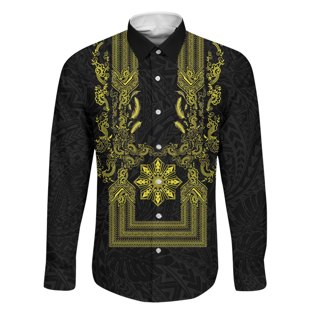 Philippines Barong Style Family Matching Short Sleeve Bodycon Dress and Hawaiian Shirt with Polynesian Art and Leaf Motif Black-Gold Color LT03 Dad's Shirt - Long Sleeve Black - Polynesian Pride