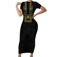 Philippines Barong Style Family Matching Short Sleeve Bodycon Dress and Hawaiian Shirt with Polynesian Art and Leaf Motif Black-Gold Color LT03 Mom's Dress Black - Polynesian Pride