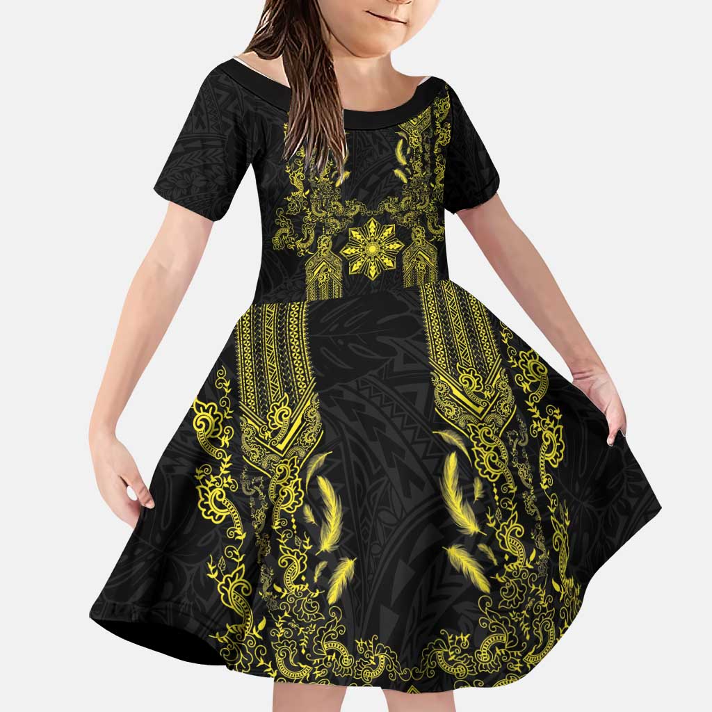 Philippines Barong Style Family Matching Summer Maxi Dress and Hawaiian Shirt with Polynesian Art and Leaf Motif Black-Gold Color LT03 Daughter's Dress Black - Polynesian Pride