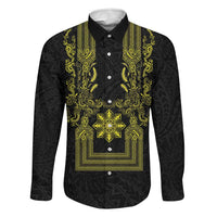 Philippines Barong Style Family Matching Summer Maxi Dress and Hawaiian Shirt with Polynesian Art and Leaf Motif Black-Gold Color LT03 Dad's Shirt - Long Sleeve Black - Polynesian Pride