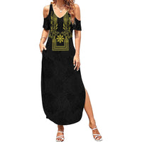 Philippines Barong Style Family Matching Summer Maxi Dress and Hawaiian Shirt with Polynesian Art and Leaf Motif Black-Gold Color LT03 Mom's Dress Black - Polynesian Pride