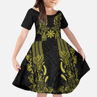 Philippines Barong Style Family Matching Tank Maxi Dress and Hawaiian Shirt with Polynesian Art and Leaf Motif Black-Gold Color LT03 Daughter's Dress Black - Polynesian Pride