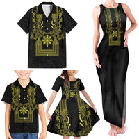 Philippines Barong Style Family Matching Tank Maxi Dress and Hawaiian Shirt with Polynesian Art and Leaf Motif Black-Gold Color LT03 - Polynesian Pride