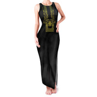Philippines Barong Style Family Matching Tank Maxi Dress and Hawaiian Shirt with Polynesian Art and Leaf Motif Black-Gold Color LT03 Mom's Dress Black - Polynesian Pride