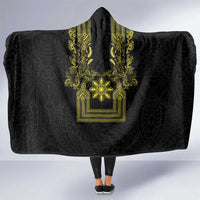 Philippines Barong Style Hooded Blanket with Polynesian Art and Leaf Motif Black-Gold Color