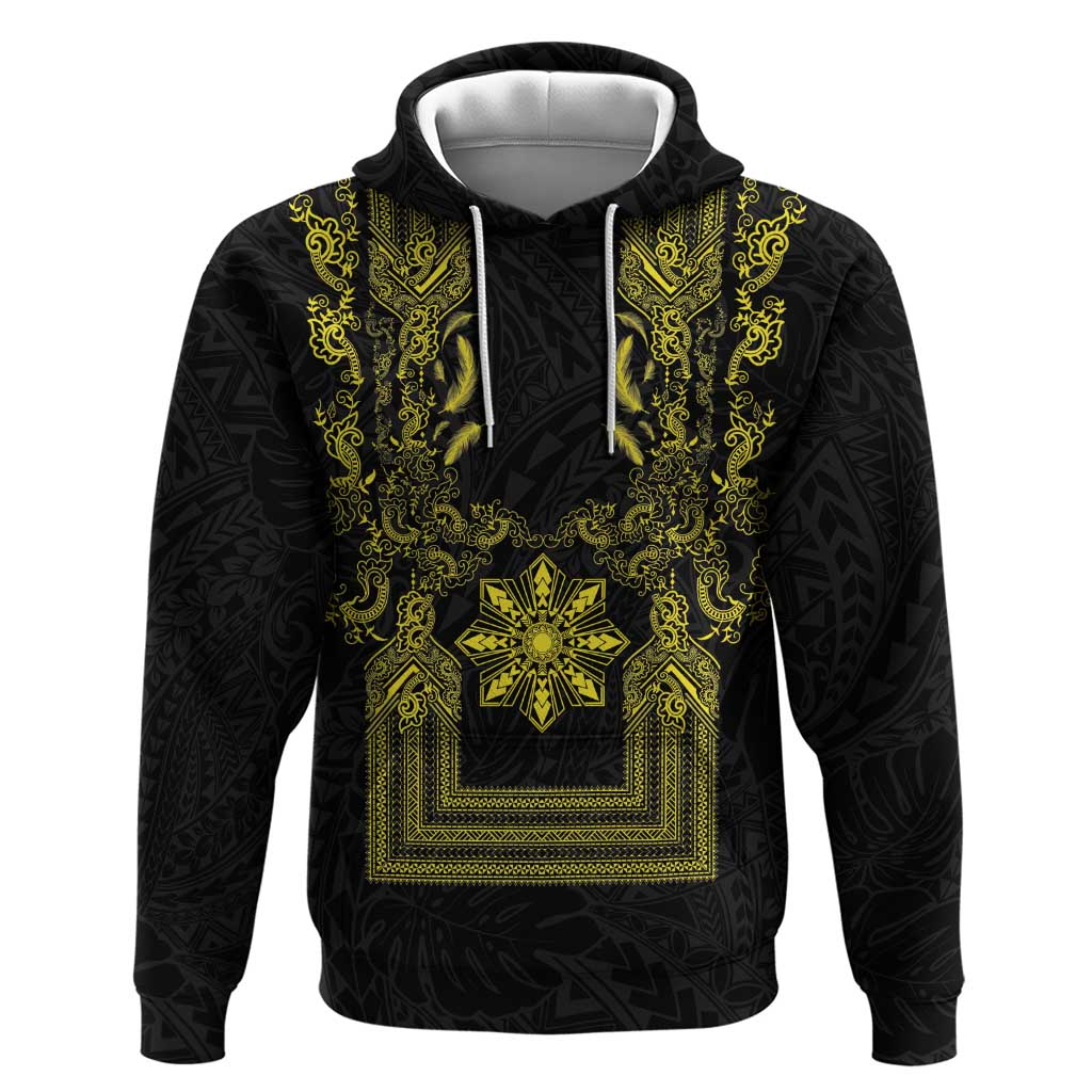 Philippines Barong Style Hoodie with Polynesian Art and Leaf Motif Black-Gold Color