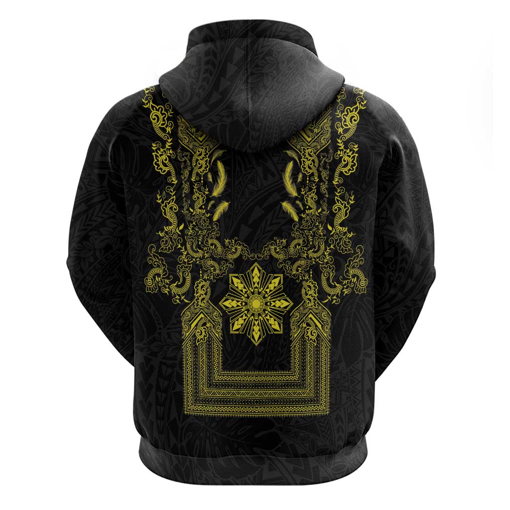 Philippines Barong Style Hoodie with Polynesian Art and Leaf Motif Black-Gold Color