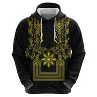 Philippines Barong Style Hoodie with Polynesian Art and Leaf Motif Black-Gold Color