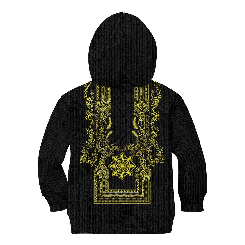 Philippines Barong Style Kid Hoodie with Polynesian Art and Leaf Motif Black-Gold Color