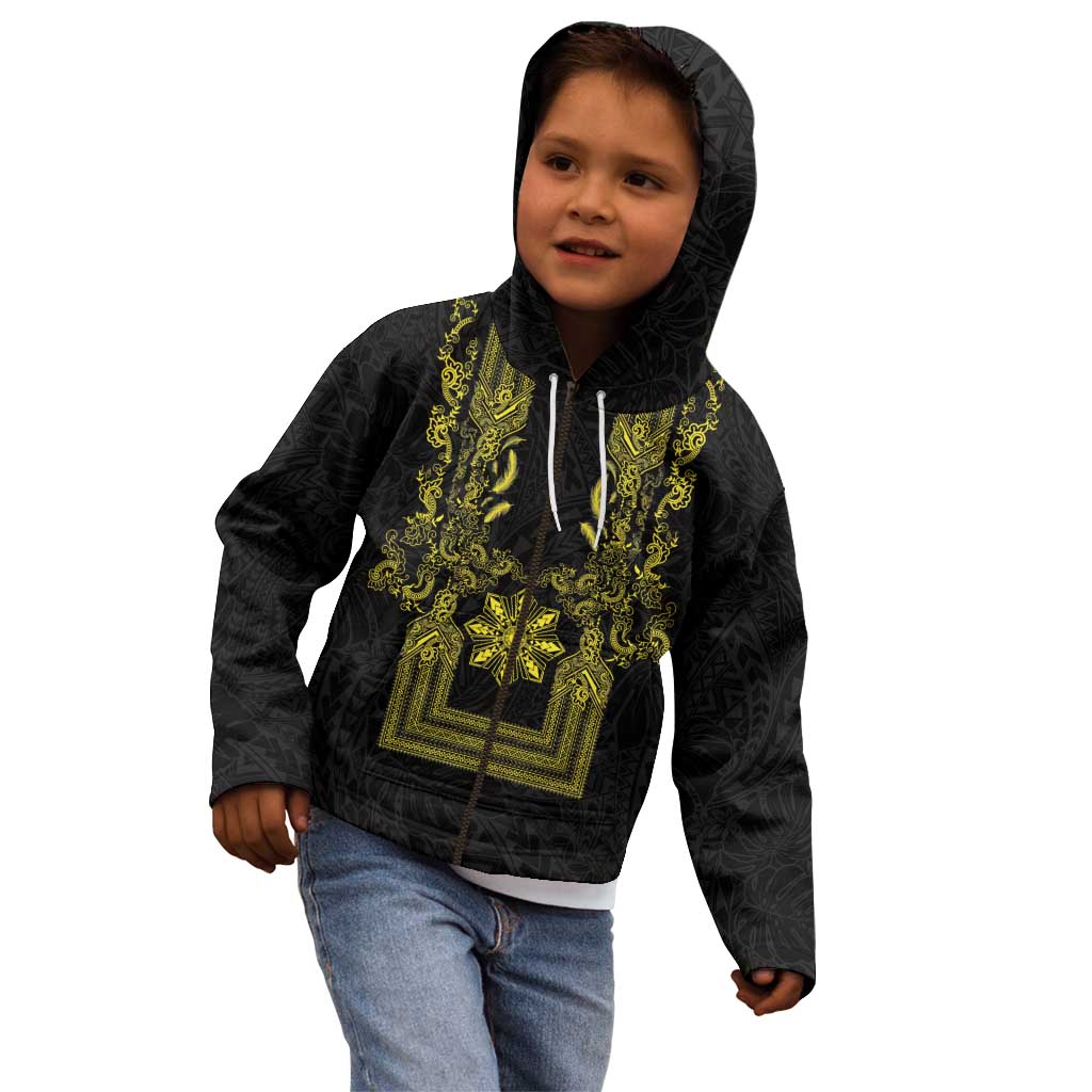 Philippines Barong Style Kid Hoodie with Polynesian Art and Leaf Motif Black-Gold Color