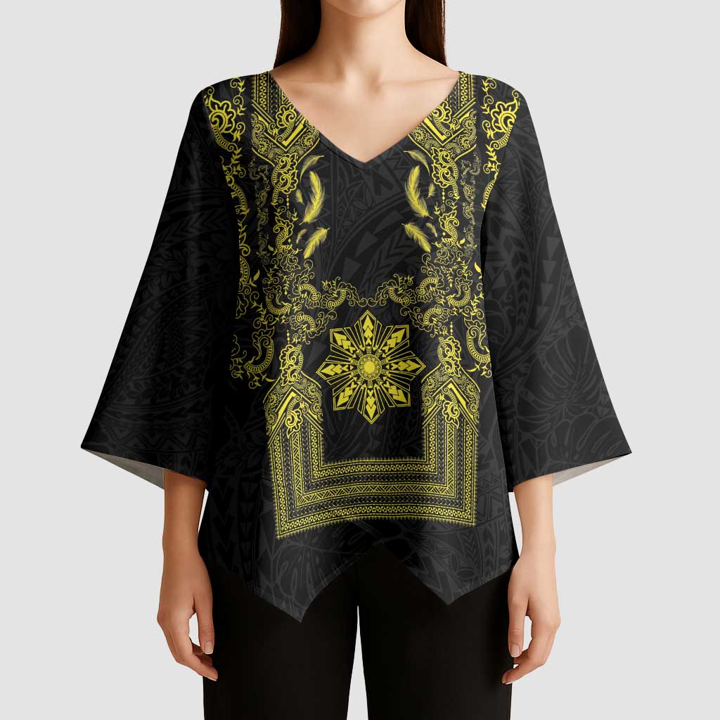 Philippines Barong Style Kimono Sleeve Blouse with Polynesian Art and Leaf Motif Black-Gold Color
