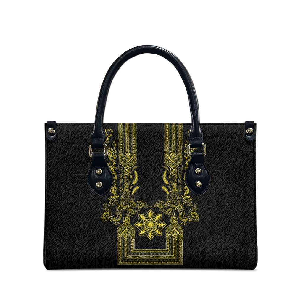 Philippines Barong Style Leather Bag with Polynesian Art and Leaf Motif Black-Gold Color