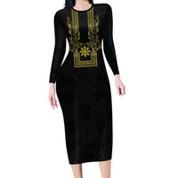 Philippines Barong Style Long Sleeve Bodycon Dress with Polynesian Art and Leaf Motif Black-Gold Color