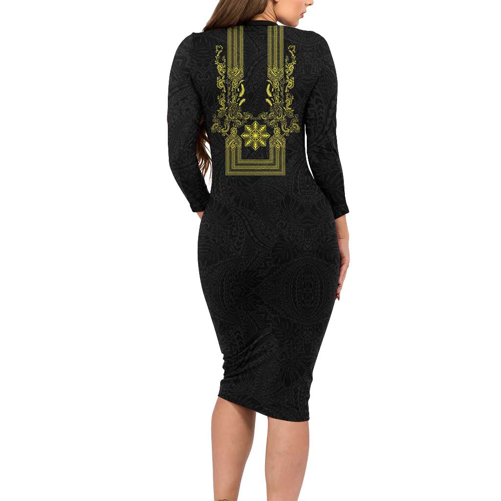 Philippines Barong Style Long Sleeve Bodycon Dress with Polynesian Art and Leaf Motif Black-Gold Color