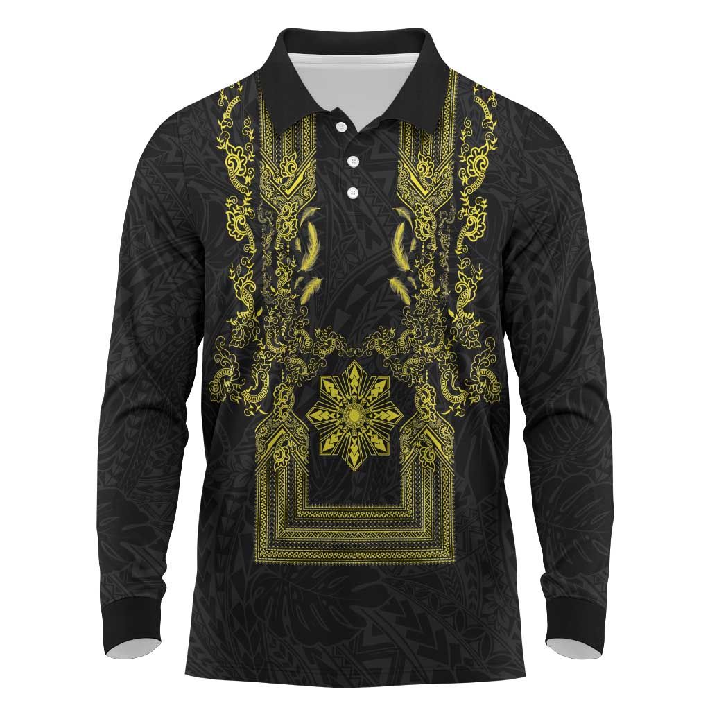 Philippines Barong Style Long Sleeve Polo Shirt with Polynesian Art and Leaf Motif Black-Gold Color