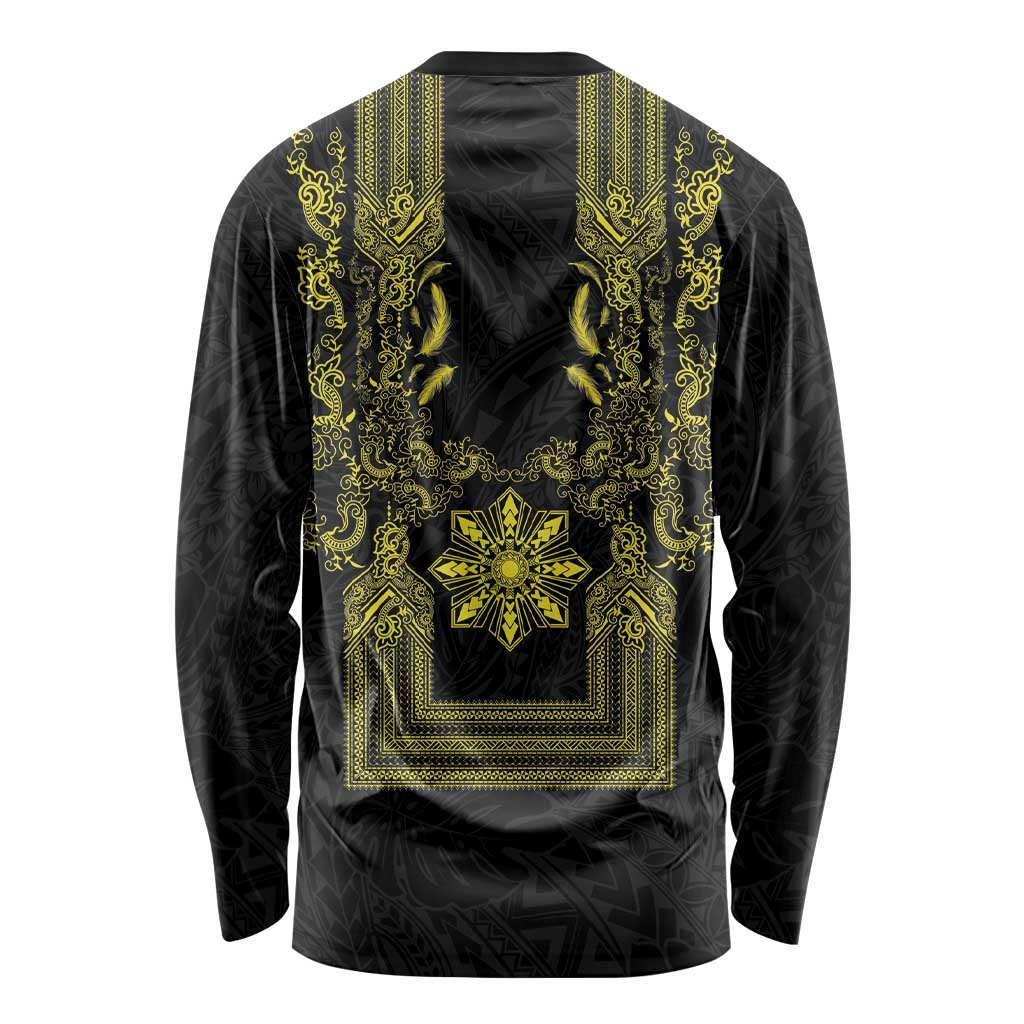 Philippines Barong Style Long Sleeve Shirt with Polynesian Art and Leaf Motif Black-Gold Color