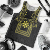 Philippines Barong Style Men Tank Top with Polynesian Art and Leaf Motif Black-Gold Color