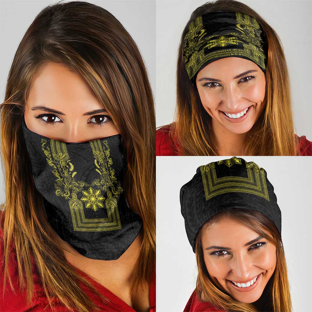 Philippines Barong Style Neck Gaiter with Polynesian Art and Leaf Motif Black-Gold Color