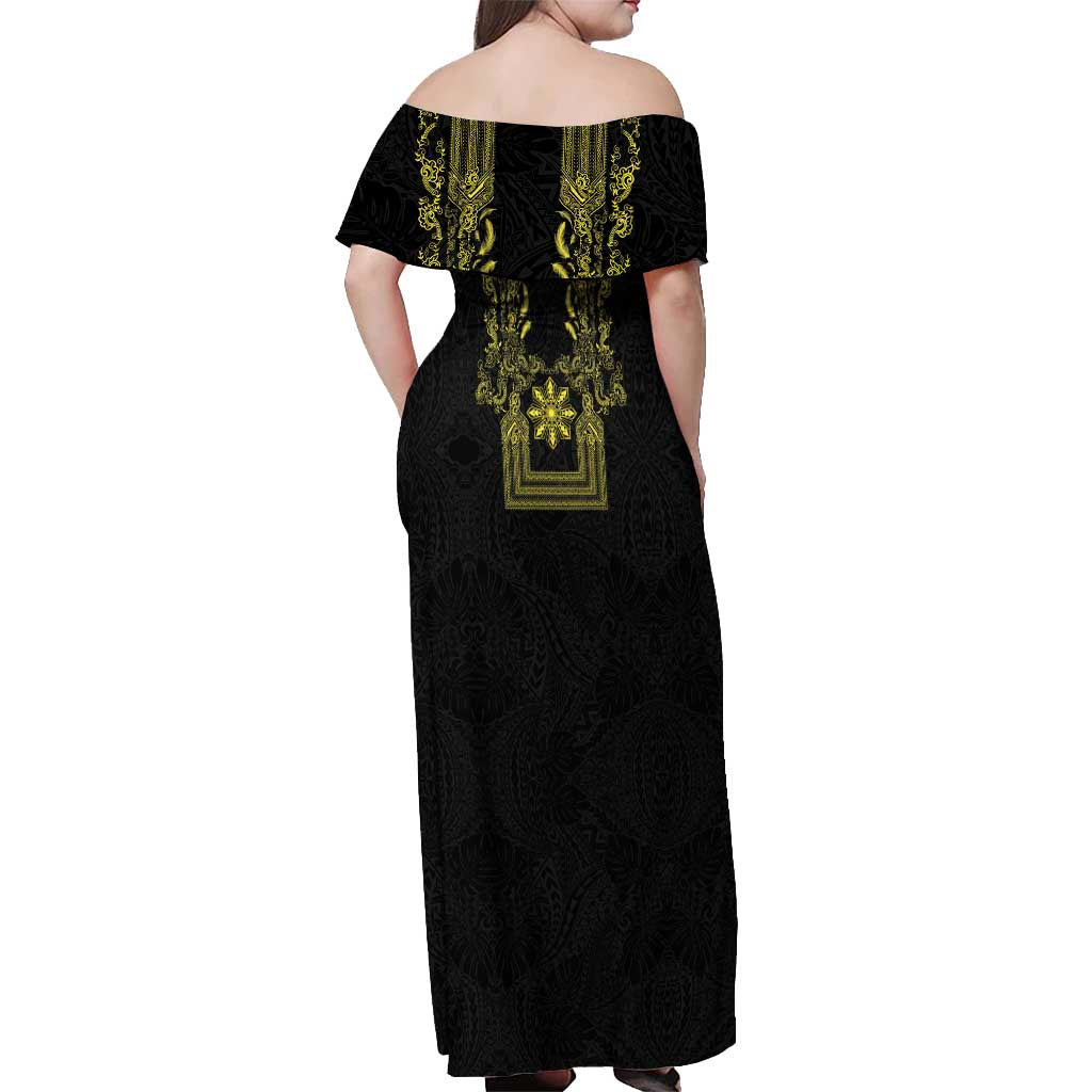 Philippines Barong Style Off Shoulder Maxi Dress with Polynesian Art and Leaf Motif Black-Gold Color