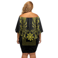 Philippines Barong Style Off Shoulder Short Dress with Polynesian Art and Leaf Motif Black-Gold Color