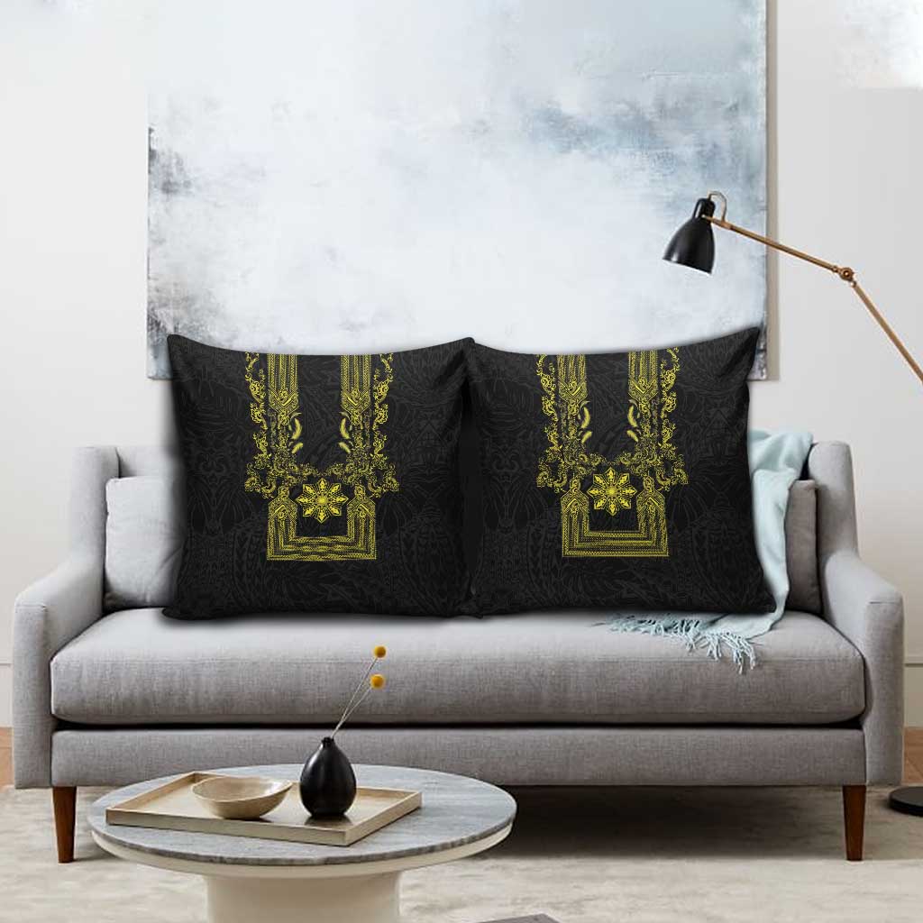 Philippines Barong Style Pillow Cover with Polynesian Art and Leaf Motif Black-Gold Color