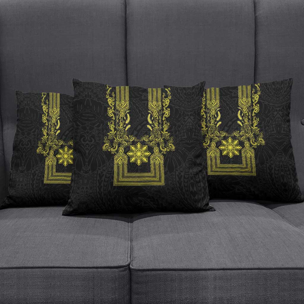 Philippines Barong Style Pillow Cover with Polynesian Art and Leaf Motif Black-Gold Color